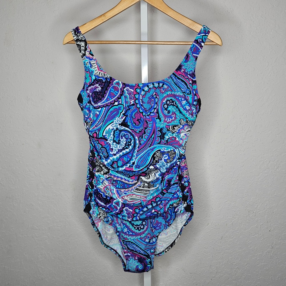 Trimshaper One Piece Swimsuit Paisley Tummy Control Lace Up Size 12 Blue‎ Purple